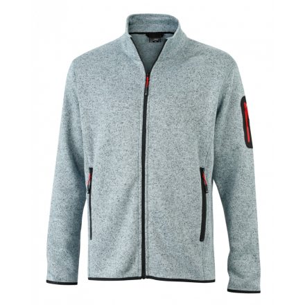 James&Nicholson J&N Men's Knitted Fleece pulóver JN762 light-grey-melange/red L