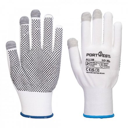 Portwest Grip 13 PVC pöttyös érintőképernyős kesztyű (12 pár) A118 - fehér/szürke - 2XL