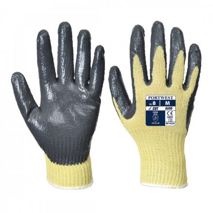 Portwest Kevlar® tenyérmártott nitril kesztyű, Cut 3 A600 - sárga / szürke - L